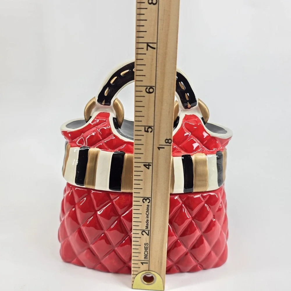 David's Cookies Jar Purse Red Black Gold Quilted Ceramic Cookie Jar, 6.5